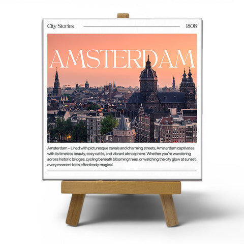 Keramisch cadeau tegel Amsterdam - Spreuktegel Amsterdam - Cadeau idee - 11 x 11 cm - Inclusief standaard