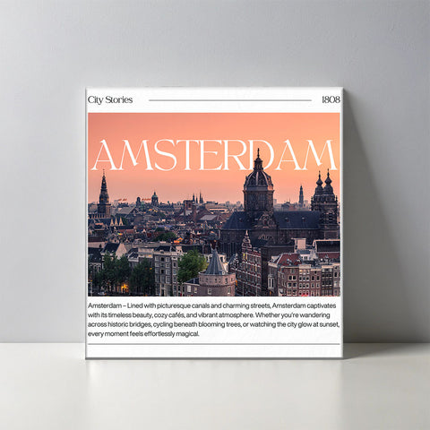 Keramisch cadeau tegel Amsterdam - Spreuktegel Amsterdam - Cadeau idee - 11 x 11 cm - Inclusief standaard