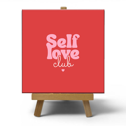 Keramisch cadeau tegel Self Love Club  - Inspirerende spreuktegel self love - Cadeau idee voor ziekte- 11 x 11 cm - Inclusief standaard