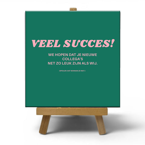 Keramisch cadeau tegel "Veel succes! We hopen dat je nieuwe collega's net zo leuk zijn als wij. (Spoiler: Dat zijn ze niet) - Grappige spreuktegel collega's - Cadeau idee voor nieuwe baan - 11 x 11 cm - Inclusief standaard