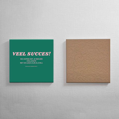 Keramisch cadeau tegel "Veel succes! We hopen dat je nieuwe collega's net zo leuk zijn als wij. (Spoiler: Dat zijn ze niet) - Grappige spreuktegel collega's - Cadeau idee voor nieuwe baan - 11 x 11 cm - Inclusief standaard